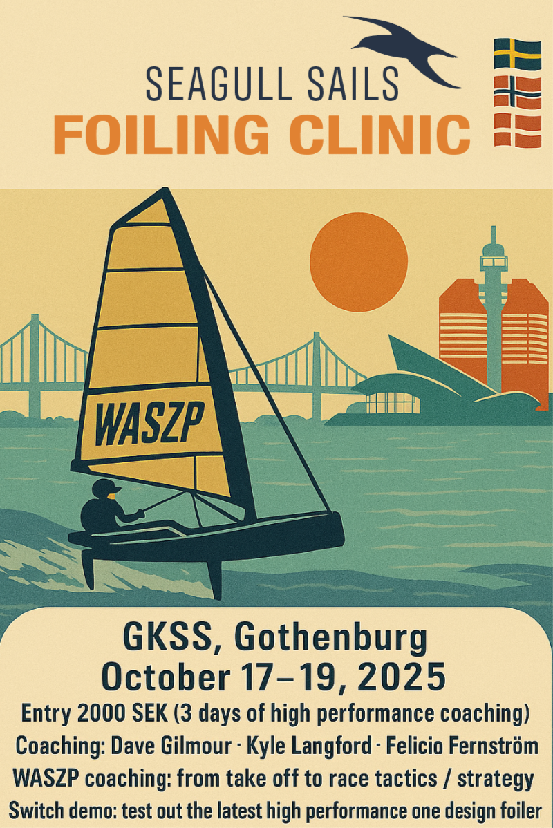 Poster for Seagull Sails Foiling Clinic with sailboat graphic and event details.